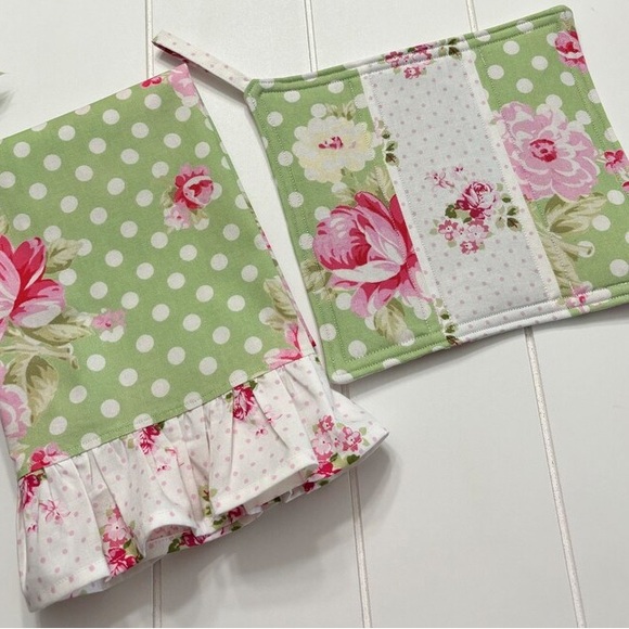 Shabby Cottage Roses Farmhouse Green Decorative Tea Dish Towel and Pot Holder - Picture 8 of 9
